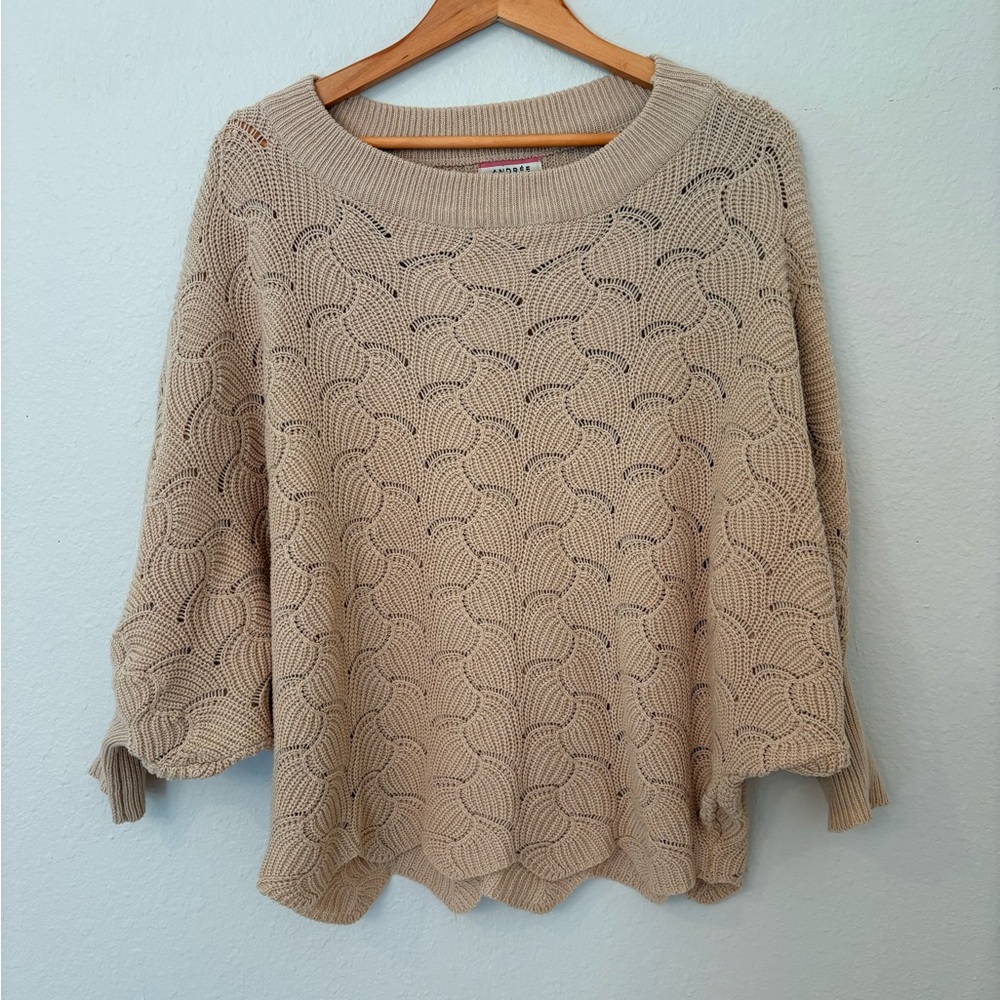 Andree by Unit Retro Dolman Sweater Scalloped Hem Beige S Coastal Grandma Boho